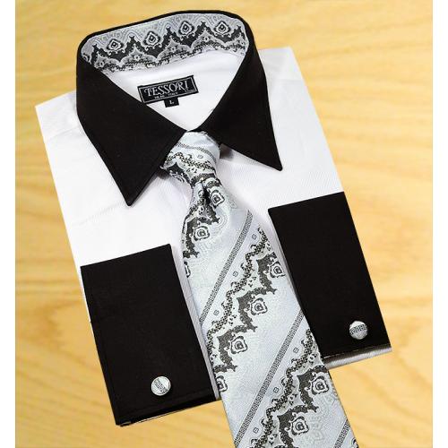 Tessori  White Self Diagonal Pinstripe With  Black Spread Collar / Black French Cuffs Dress Shirt With / Tie / Hanky Set With Free Cufflinks SH-307